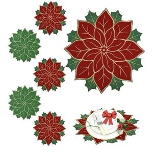 Christmas Placemats Set of 6 Christmas 14 x 14 Inch Poinsettia Style [i]